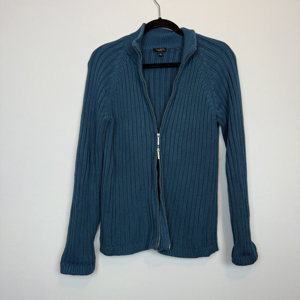 Talbots cable knit zip up sweater MD cozy winter teal